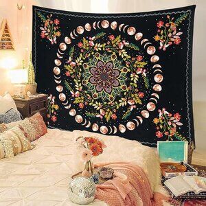 Floral Moon Phases Woven Jacquard Throw Blanket Tapestry 78.7''x59.1''